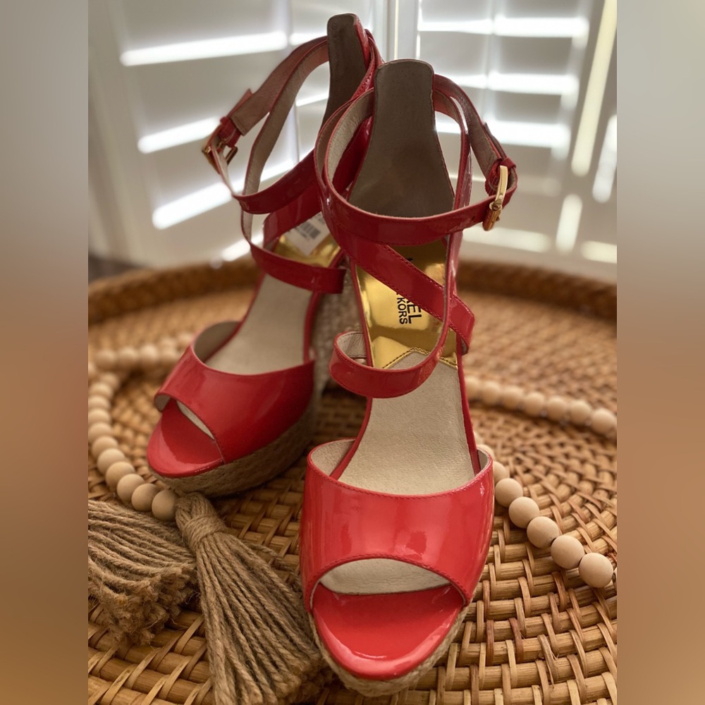 NEW Michael Kor Damita Salmon Leather Wedge Espadrille Sandals Playform